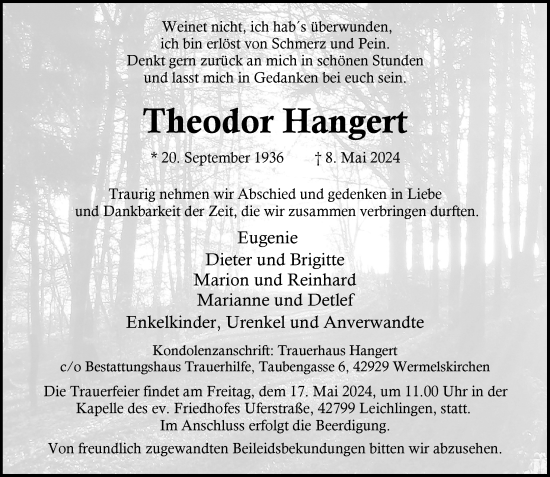 Traueranzeige von Theodor Hangert von Rheinische Post