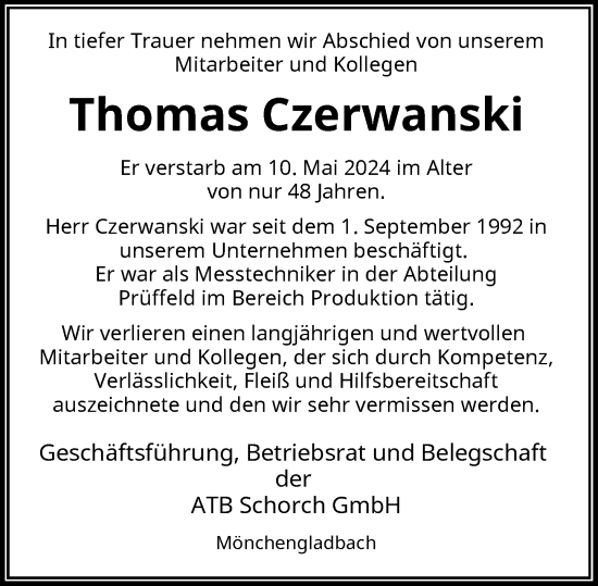 Traueranzeige von Thomas Czerwanski von Rheinische Post