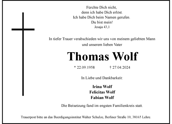 Traueranzeige von Thomas Wolf von Rheinische Post