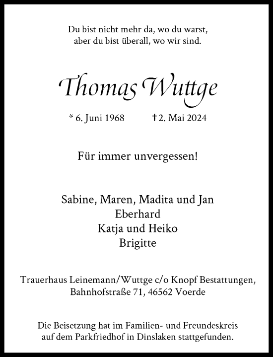 Traueranzeige von Thomas Wuttge von Rheinische Post