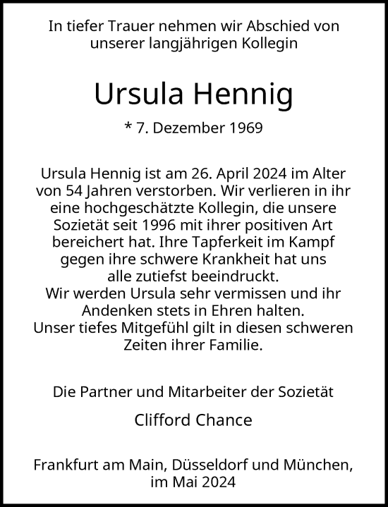 Traueranzeige von Ursula Hennig von Rheinische Post