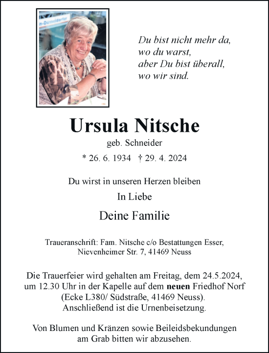 Traueranzeige von Ursula Nitsche von Rheinische Post