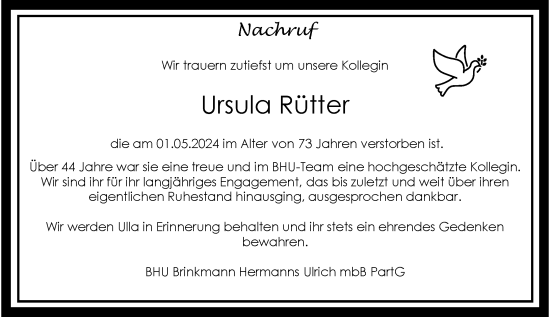 Traueranzeige von Ursula Rütter von Rheinische Post