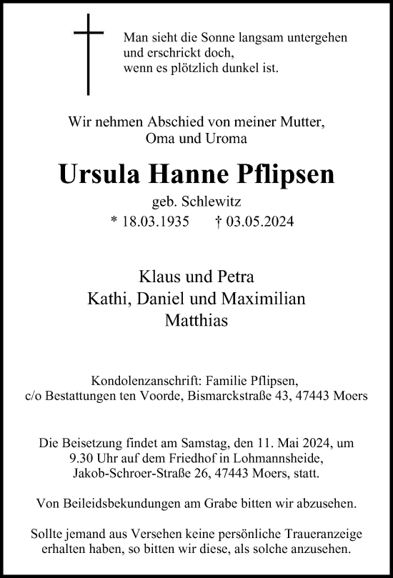 Traueranzeige von Ursula Hanne Pflipsen von Rheinische Post
