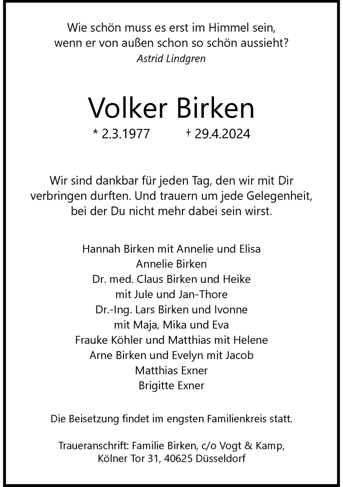  Traueranzeige für Volker Birken vom 11.05.2024 aus Rheinische Post