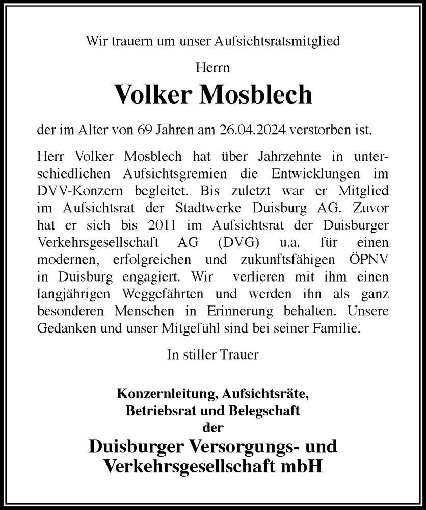  Traueranzeige für Volker Mosblech vom 11.05.2024 aus Rheinische Post