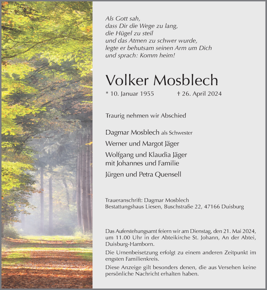  Traueranzeige für Volker Mosblech vom 11.05.2024 aus Rheinische Post