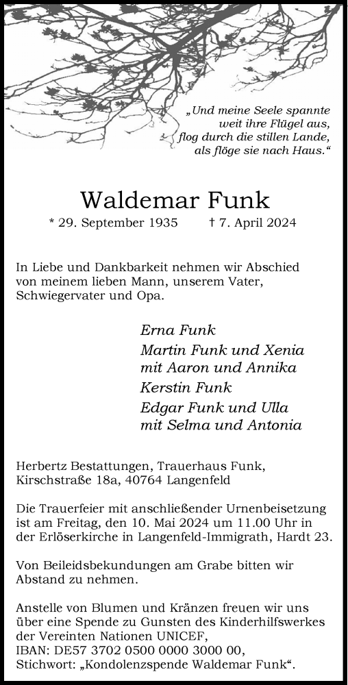 Traueranzeige von Waldemar Funk von Rheinische Post