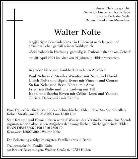 Traueranzeige von Walter Nolte von Rheinische Post