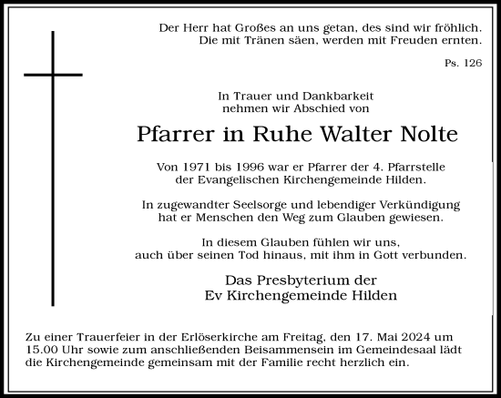 Traueranzeige von Walter Nolte von Rheinische Post