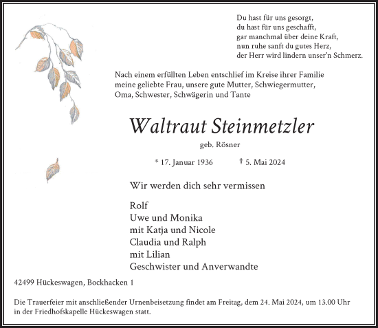 Traueranzeige von Waltraut Steinmetzler von Rheinische Post