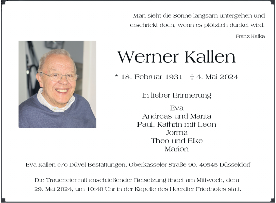 Traueranzeige von Werner Kallen von Rheinische Post
