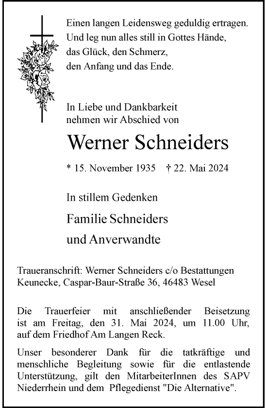 Traueranzeige von Werner Schneiders von Rheinische Post