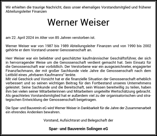 Traueranzeige von Werner Weiser von Rheinische Post