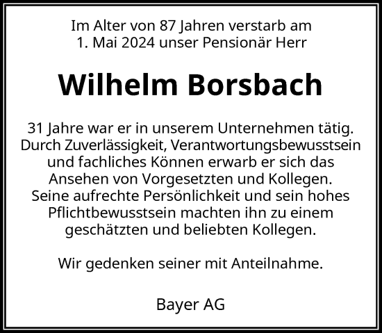 Traueranzeige von Wilhelm Borsbach von Rheinische Post
