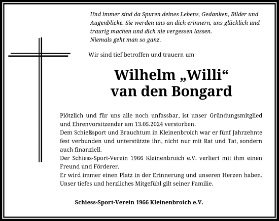Traueranzeige von Wilhelm van den Bongard von Rheinische Post