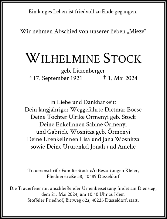 Traueranzeige von Wilhelmine Stock von Rheinische Post