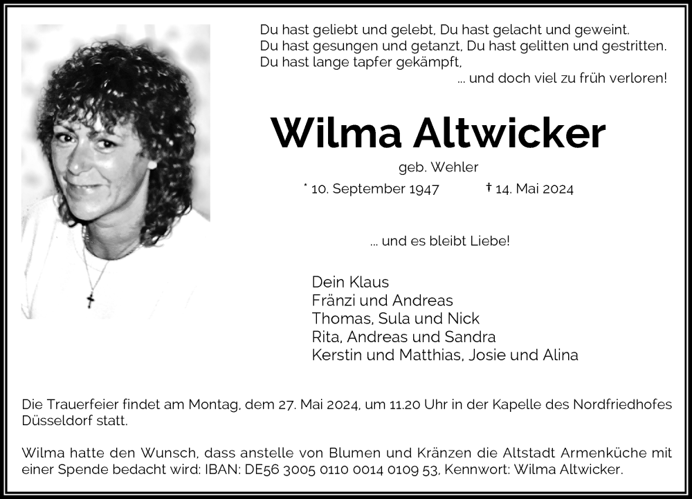  Traueranzeige für Wilma Altwicker vom 22.05.2024 aus Rheinische Post