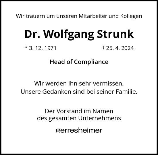 Traueranzeige von Wolfgang Strunk von Rheinische Post