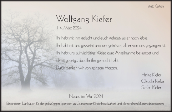 Traueranzeige von Wolgang Kiefer von Rheinische Post