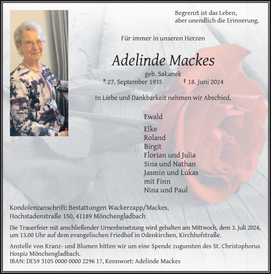 Traueranzeige von Adelinde Mackes von Rheinische Post
