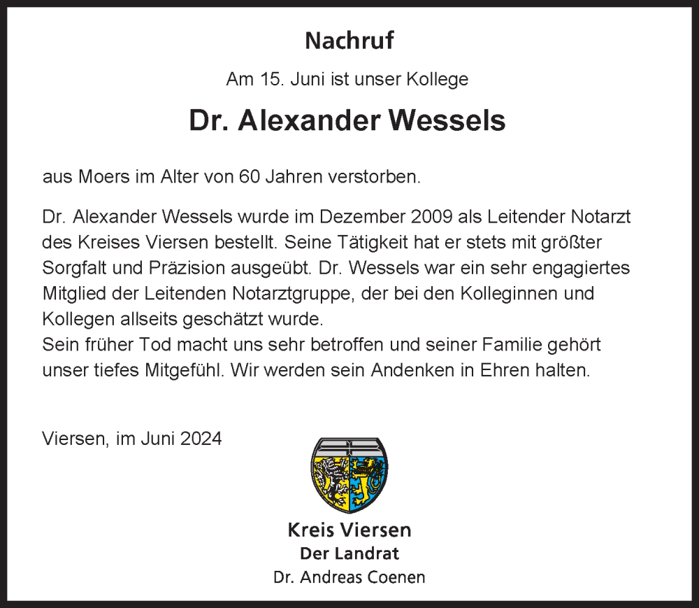  Traueranzeige für Alexander Wessels vom 29.06.2024 aus Rheinische Post