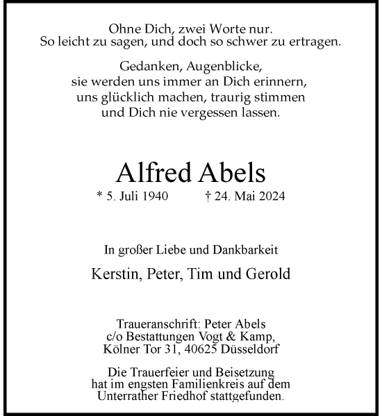 Traueranzeige von Alfred Abels von Rheinische Post
