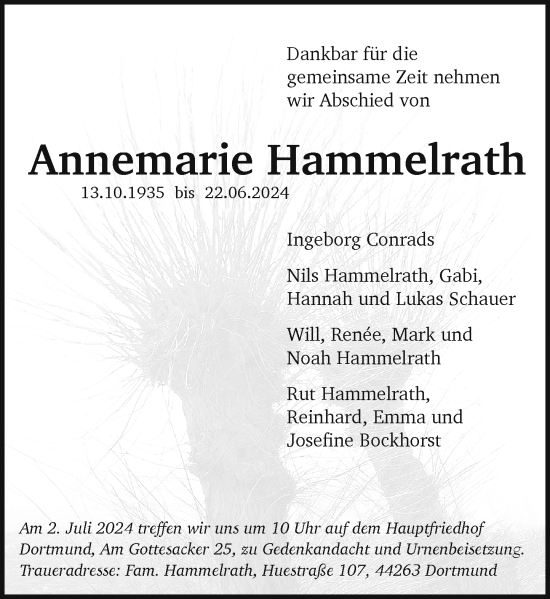 Traueranzeige von Annemarie Hammelrath von Rheinische Post