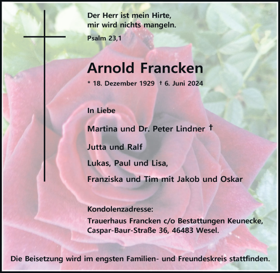 Traueranzeige von Arnold Francken von Rheinische Post