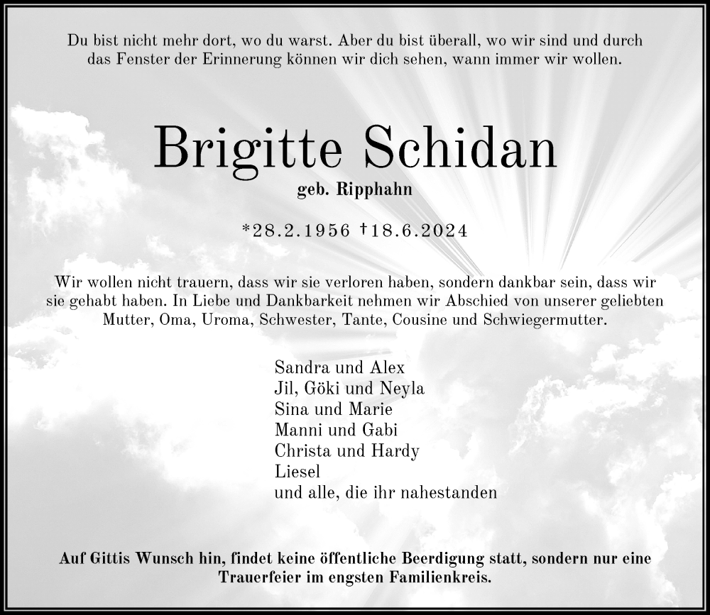  Traueranzeige für Brigitte Schidan vom 22.06.2024 aus Rheinische Post