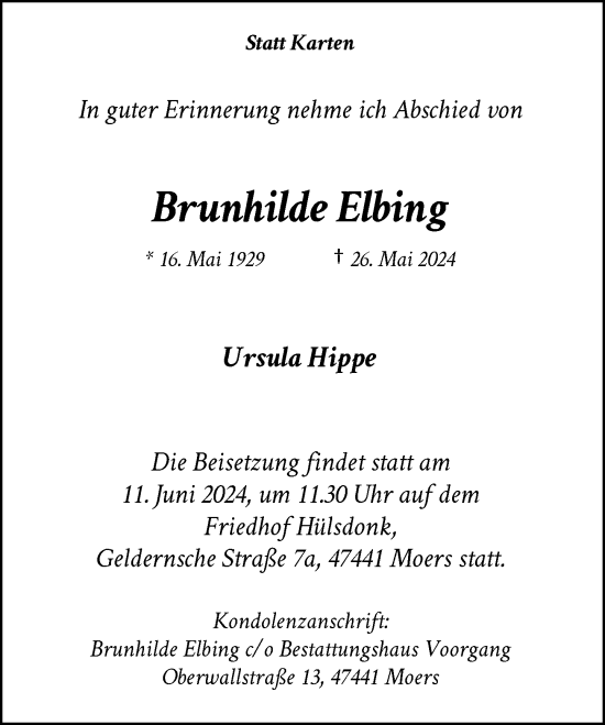 Traueranzeige von Brunhilde Elbing von Rheinische Post