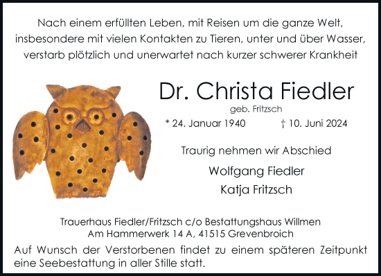Traueranzeige von Christa Fiedler von Rheinische Post
