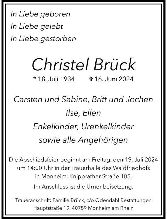 Traueranzeige von Christel Brück von Rheinische Post