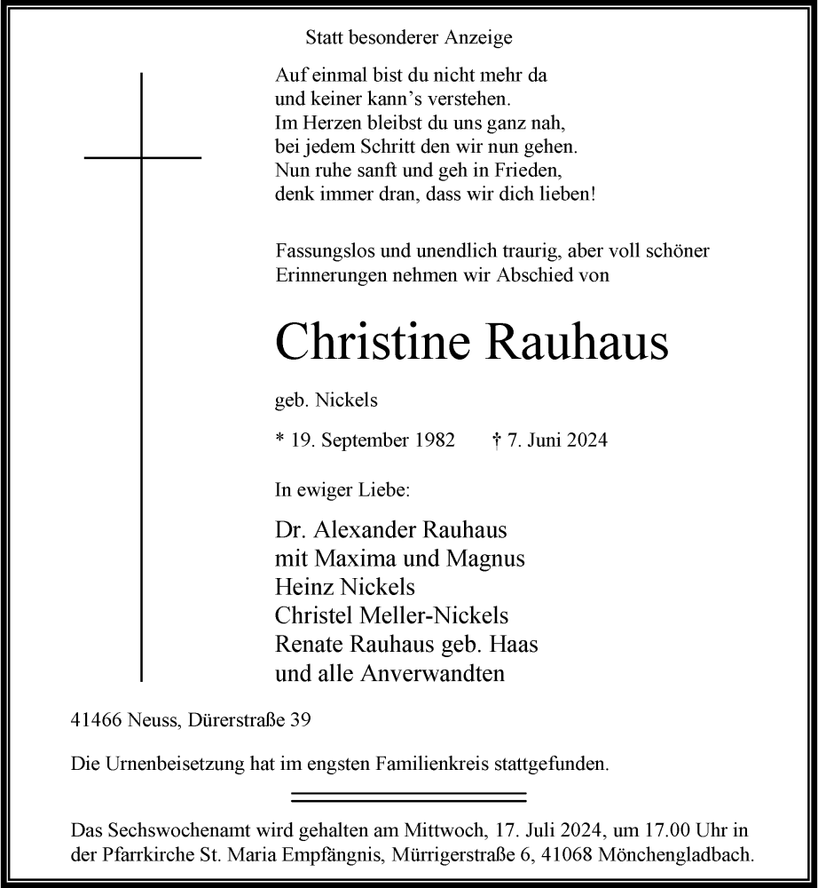  Traueranzeige für Christine Rauhaus vom 22.06.2024 aus Rheinische Post