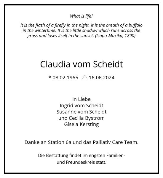 Traueranzeige von Claudia vom Scheidt von Rheinische Post