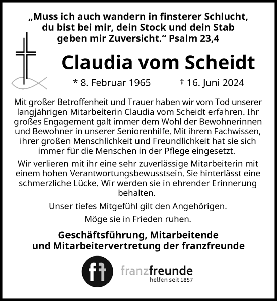 Traueranzeige von Claudia vom Scheidt von Rheinische Post