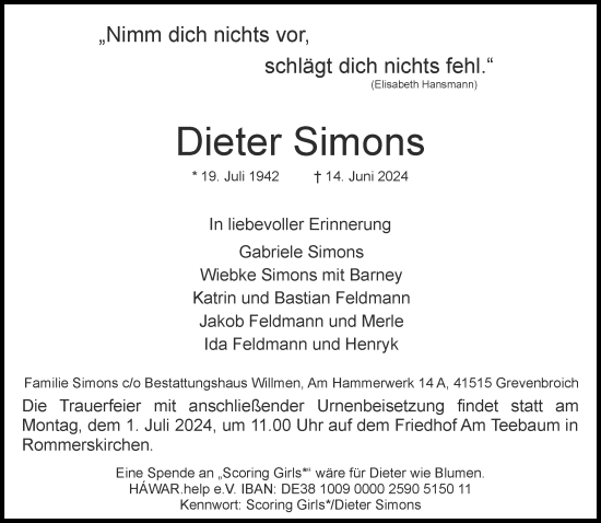 Traueranzeige von Dieter Simons von Rheinische Post