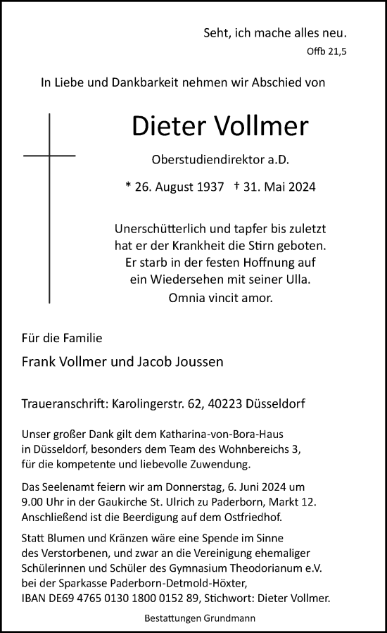 Traueranzeige von Dieter Vollmer von Rheinische Post