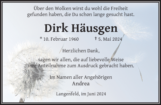 Traueranzeige von Dirk Häusgen von Rheinische Post