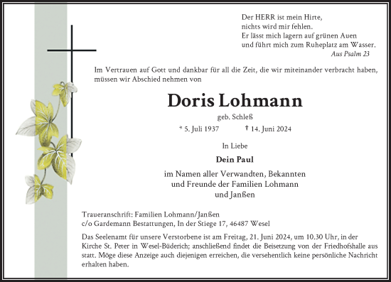 Traueranzeige von Doris Lohmann von Rheinische Post