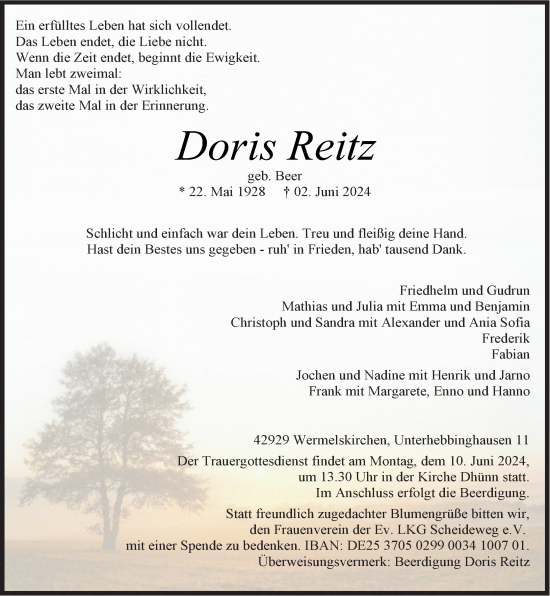 Traueranzeige von Doris Reitz von Rheinische Post