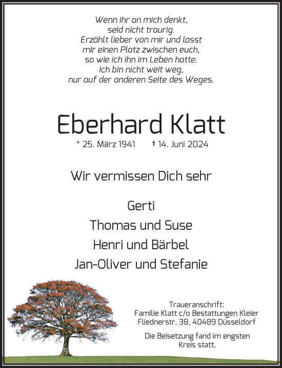 Traueranzeige von Eberhard Klatt von Rheinische Post
