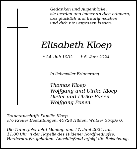 Traueranzeige von Elisabeth Kloep von Rheinische Post