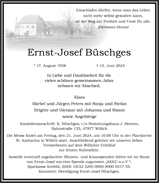 Traueranzeige von Ernst-Josef Büschges von Rheinische Post
