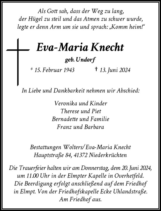 Traueranzeige von Eva-Maria Knecht von Rheinische Post