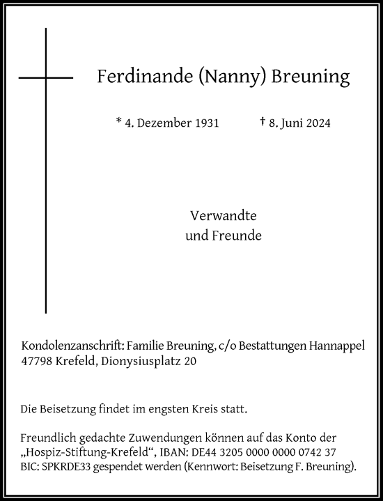 Traueranzeige von Ferdinande  Breuning von Rheinische Post