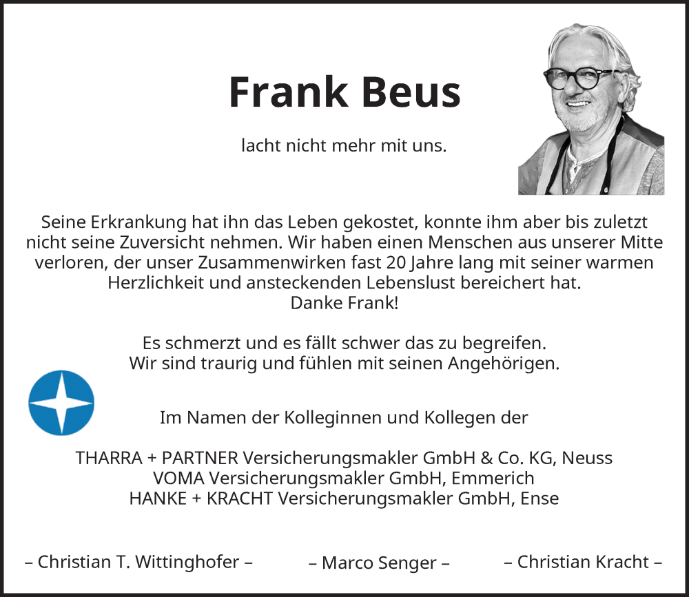 Traueranzeige für Frank Beus vom 08.06.2024 aus Rheinische Post