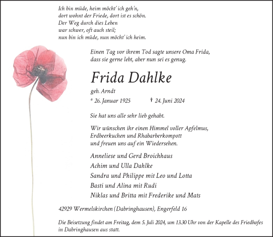 Traueranzeige von Frida Dahlke von Rheinische Post