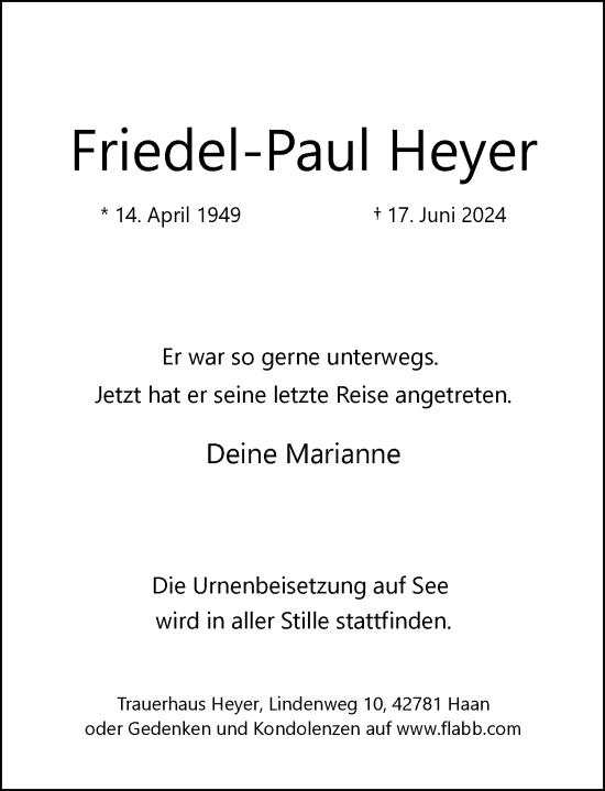 Traueranzeige von Friedel-Paul Heyer von Rheinische Post