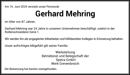 Traueranzeige von Gerhard Mehring von Rheinische Post
